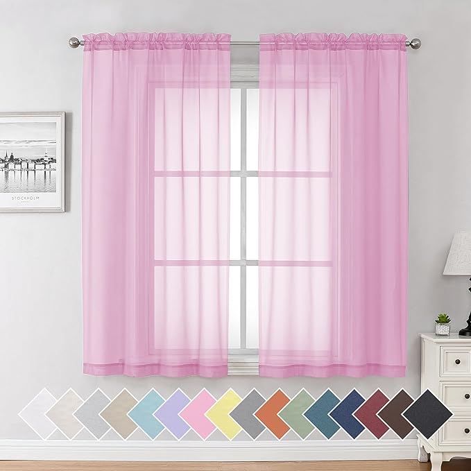 Aiyufeng Pink Sheer Curtains 54 inch Length Living Room Short Voile Drapes Solid Sheers Cafe Curtains Voile Bathroom Small Window Sheers 2 Panels Set, Rod Pocket, 40" Wx54 L