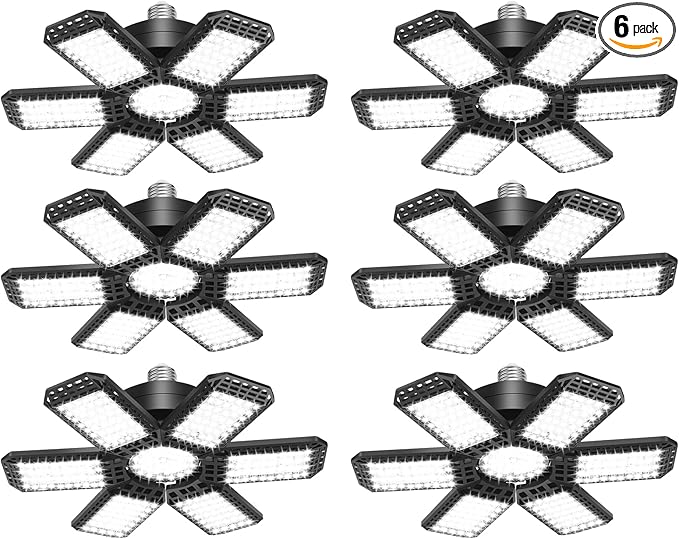 6 Pack LED Garage Light, 200W 20000LM 6500K LED Shop Lights, Garage Lights Ceiling Led with 6+1 Deformable Panels, Screw in E26/E27 Socket Bulb for Warehouse, Workshop, Basement, Barn Lighting