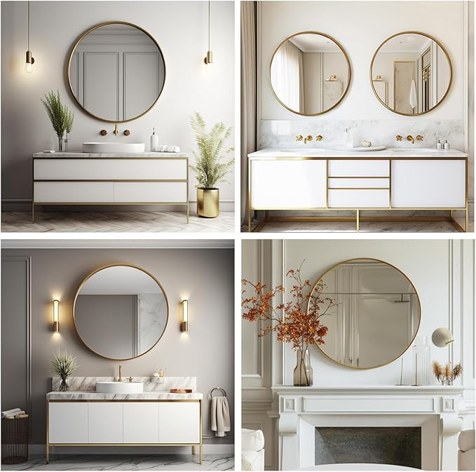 Gold Circle Mirror, Round Mirror 20 inch, Gold Mirror Metal Frame, Round Wall Mirrors for Bathroom, Bedroom, Living Room, Entryway.