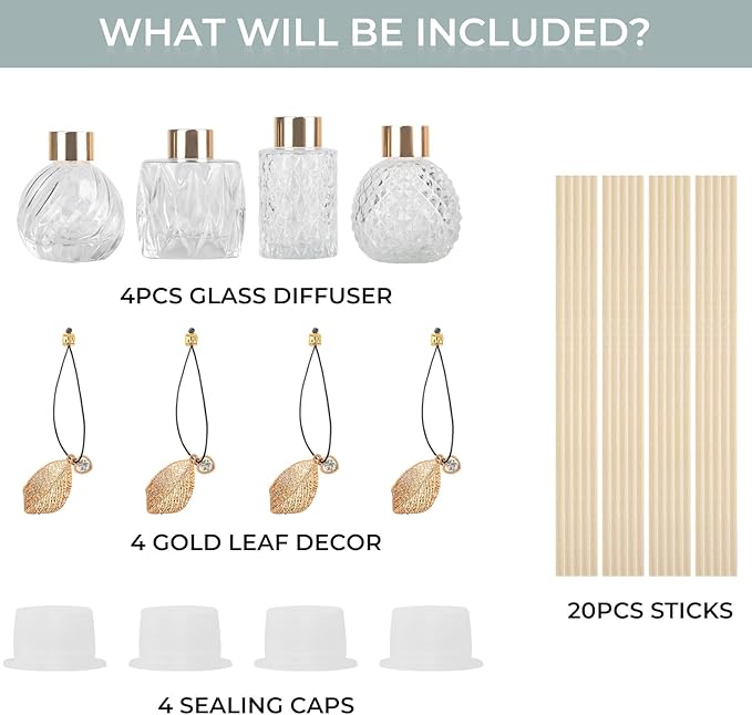 4-Piece Reed Diffuser Set with Metal Golden Decoration, 3.5-4.2oz Empty Bottles and 20 Reed Sticks, Unique Design for Home and Office (4 Different Bottles)