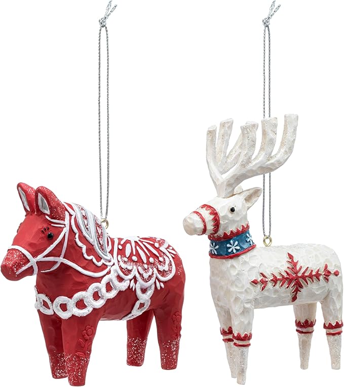 DEMDACO Cozy Time Red, White 3.5 x 3 Inch Resin, Polyester Christmas Tree Decoration, Festive Holiday Décor, Hanging Ornaments, Set of 2, Scandinavian Lucky Horse and Deer