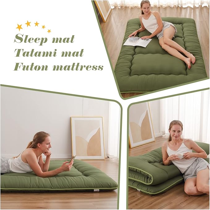 Japanese Floor Mattress, Futon Mattress with Portable Storage Bag and Washable Cover, Roll Up Thick Tatami Mat Suitable for Camping, Guest Room, Green, Full