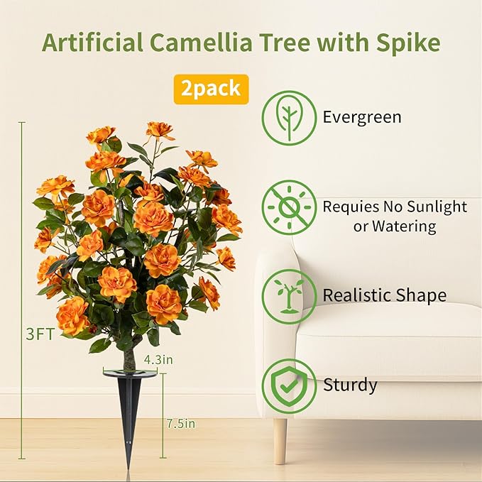 Artificial Camellia Tree 3 Pack with Spike, Artificial Plants Outdoor Faux Floral Plant in Cement Pot Fake Silk Camellia Tree Plants for Home House Living Room Office Decor