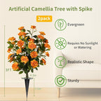 Artificial Camellia Tree 3 Pack with Spike, Artificial Plants Outdoor Faux Floral Plant in Cement Pot Fake Silk Camellia Tree Plants for Home House Living Room Office Decor