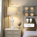 28" White Farmhouse Table Lamps Set of 2 with USB C+A Ports & AC Outlet for Vintage Living Room Rustic Bedroom,3-Way Dimmable Touch Lamp Retro Resin Bedside Lamps for Nightstand Side Table