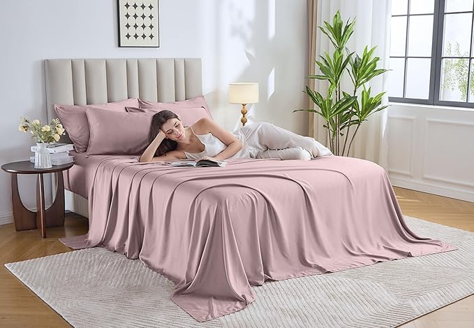 Pure Bamboo King Sheets, Genuine 100% Organic Viscose Derived from Bamboo Bed Sheet Set, Luxuriously Soft & Cooling, Double Stitching, Lifetime Quality Promise (King, Dusty Pink)