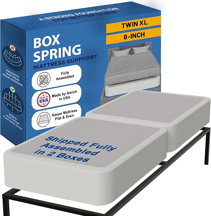 Greaton, Box Spring Bed Base Twin XL Size, 8-Inch Wood Amish Made in USA – Quiet Noise Free, 2-Pieces Under Mattress-Support BoxSpring, Fully Assembled, White, 8" Foundation