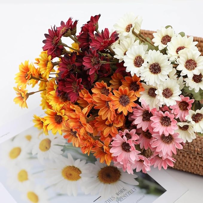 Artificial Mums for Outdoors, Faux Sunset Mum Flowers Planters for Indoor Outside Decor, Fake Look Real, Vibrant, UV Resistant, Waterproof, Windproof (Wine, 5 Bundle)