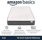Amazon Basics Memory Foam Mattress, Full Size Mattress, Hybrid, 10 Inch, Medium Feel, Motion Isolation Springs, White/Gray