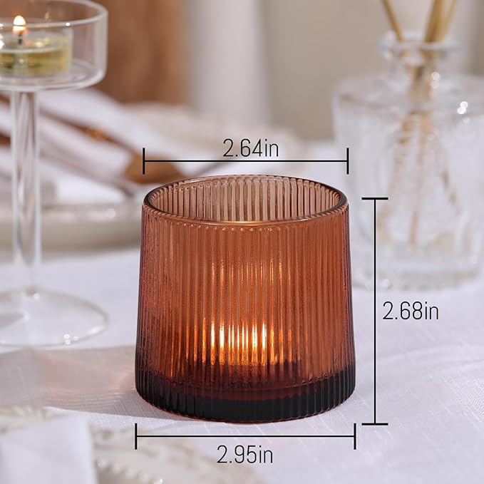 Amber Ribbed Tealight Votive Candle Holders Set of 10- Votive Candle Holders for Table Centerpiece, Tea Light Candle Holder Glass for Wedding and Home Decor, Blue Decor and Gifts