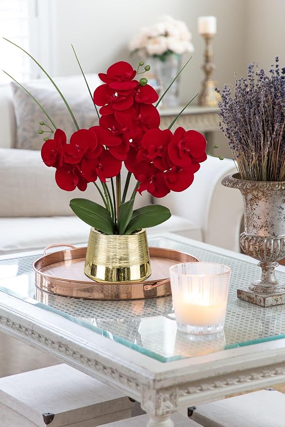 Artificial Red Phalaenopsis Orchid Flower Arrangements Faux Orchid Flower in Gold Pot Orchids Centerpiece for Dining Room Table