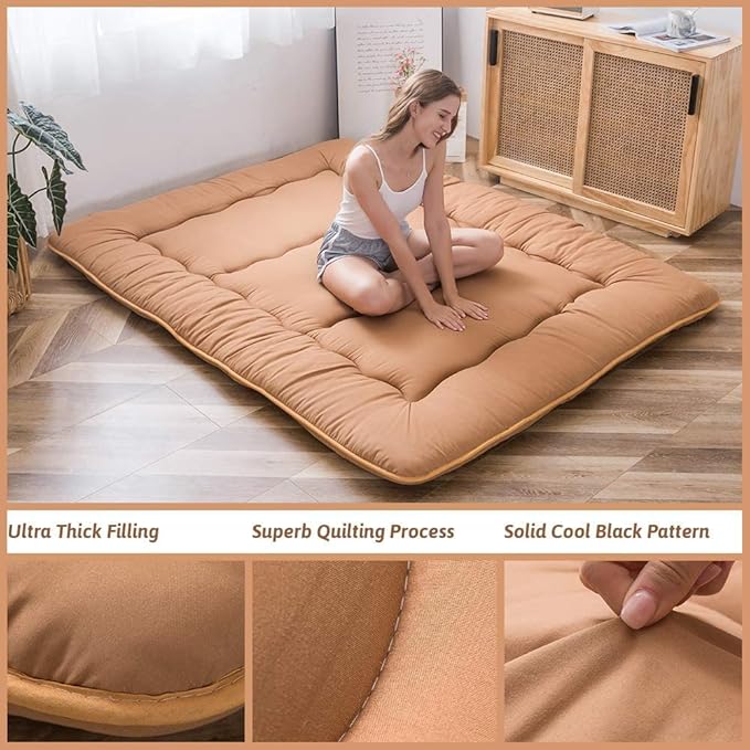 MAXYOYO Japanese Floor Mattress Futon Mattress, Thicken Tatami Mat Sleeping Pad Foldable Roll Up Mattress Boys Girls Dormitory Mattress Pad Kids Floor Lounger Bed, Light Brown, Full