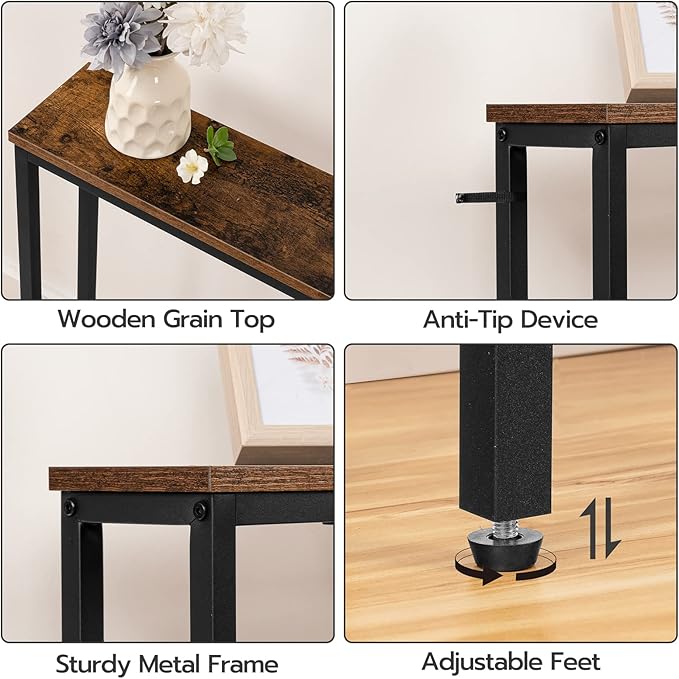HOOBRO 63" Narrow Console Table with Charging Station, 5.9" Sofa Table with 2 Power Outlets and USB Ports, Long Entryway Tables Behind Couch Table, for Hallway, Living Room, Rustic Brown BF165UXG01