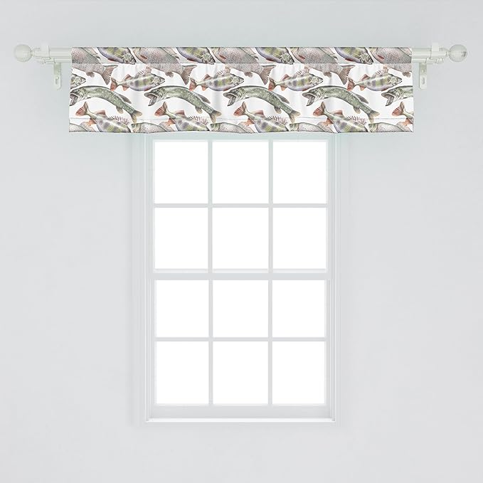 Ambesonne Fishes Window Valance, Watercolor Common Carp Perch and Bass Freshwater Animals Themed Seafood Drawing, Curtain Valance for Kitchen Bedroom Decor with Rod Pocket, 54" X 12", Pale Blue Grey