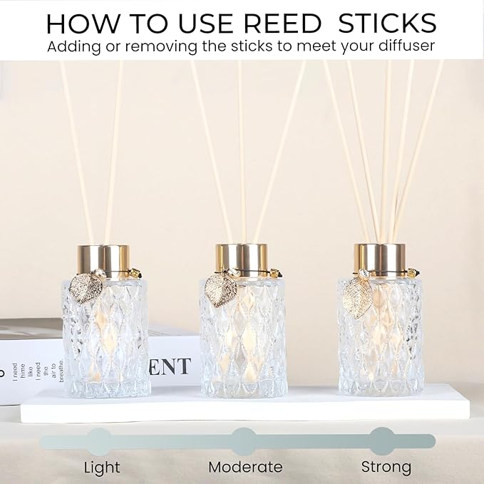 4Pcs Reed Diffuser Set with Metal Golden Decoration, 4.2oz Empty Reed Diffuser Bottles with 20Pcs Reed Diffuser Sticks, Unique Design Bottles for Home and Office(Cylinder)