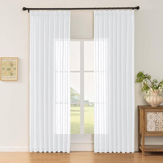 White Sheer Linen Pinch Pleated Sliding Door Curtains, 2x50 Inches Width, Cotton Look Light Filtering Drapes 84 Inches Long, Soft Textured Modern Farmhouse Window Curtain Panels