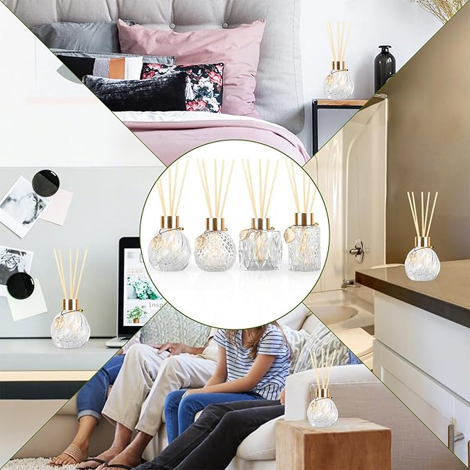 4-Piece Reed Diffuser Set with Metal Golden Decoration, 3.5-4.2oz Empty Bottles and 20 Reed Sticks, Unique Design for Home and Office (4 Different Bottles)