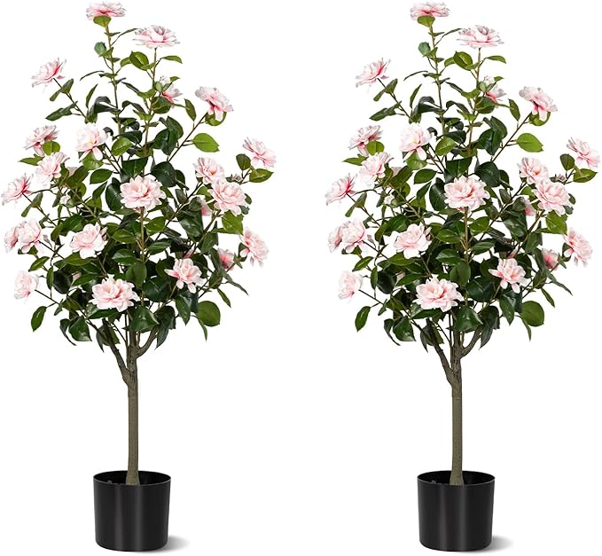 Artificial Camellia Tree 2 Pack, Artificial Plants Outdoor Faux Floral Plant in Cement Pot Fake Silk Camellia Tree Plants for Home House Living Room Office Decor