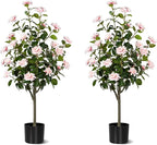 Artificial Camellia Tree 2 Pack, Artificial Plants Outdoor Faux Floral Plant in Cement Pot Fake Silk Camellia Tree Plants for Home House Living Room Office Decor