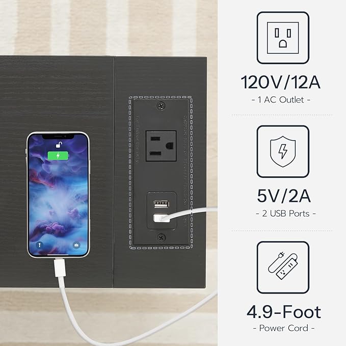 HOOBRO End Table with Charging Station, Narrow Side Table with 2 Fabric Drawers, Skinny Nightstand with Storage, Slim Bedside Table for Bedroom, Living Room, Small Spaces, Black BB487UBZ01