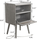 Mid Century Modern Nightstand with Charging Station, Bedside Tables with Glass Door, End Table Side Table with 2 Tiers Storage Space, for Bedroom, Living Room, Light Grey