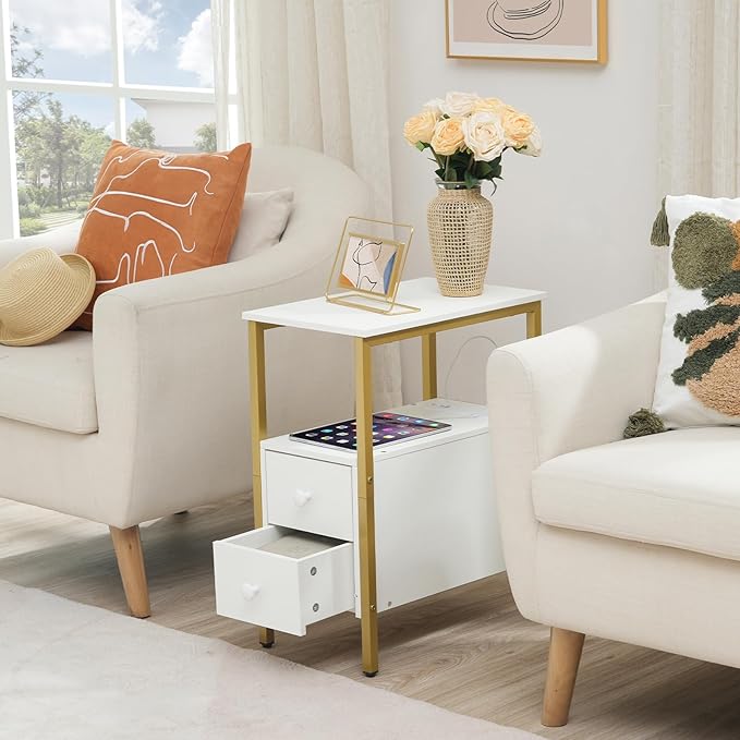 HOOBRO End Table with Charging Station, Narrow Side Table with 2 Drawer & USB Port & Power Outlets, Nightstand for Small Spaces, Stable and Sturdy, for Living Room, Bedroom, Gold and White DW541BZ01