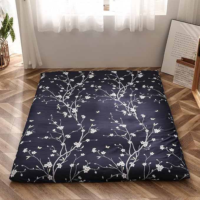 MAXYOYO Navy Floral Printed Japanese Floor Mattress Rustic Style Futon Mattress Foldable Bed Roll Up Camping Mattress Floor Lounger Bed Couches and Sofas Mattress Topper King Size