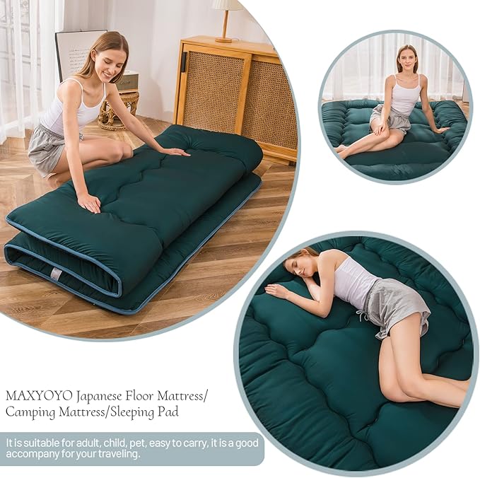 MAXYOYO Japanese Floor Mattress Futon Mattress, Thicken Sleeping Pad Foldable Roll Up Floor Futon for Adults Tatami Mat Dormitory Bed Lounger, Dark Green, Full Size