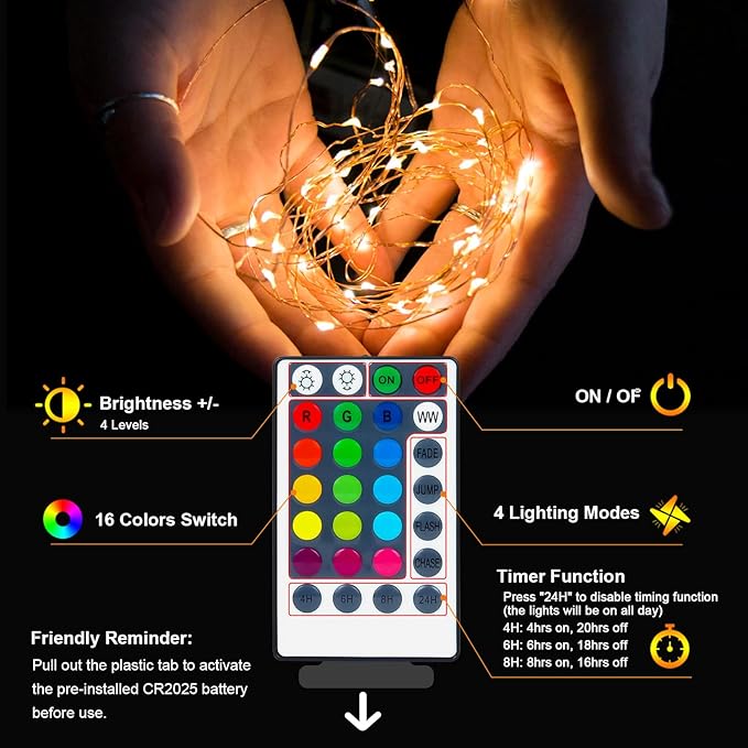 2Pack Battery Fairy Lights, Total 78Ft 240LED, Battery Operated Fairy Lights with Remote and Timer, RGB Color Changing String Lights/Twinkle Lights for Bedroom Indoor Christmas Decoration