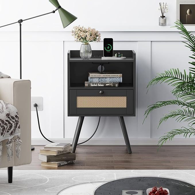 SUPERJARE Nightstand with Charging Station & Rattan-Like Decor Drawer, Rattan End Table with Solid Wood Feet, Bed Side Table with Open Storage, for Bedroom, Living Room, Dormitory - Black