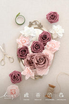Ling's Moment Artificial Flowers Fake Roses Faux Foam Gardenia Combo for DIY Wedding Bouquets Centerpieces Arrangements Bridal Shower Party Home Decorations, Mauve & Blush, 24pcs