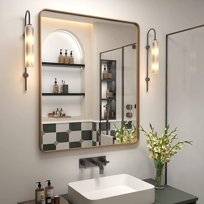 30x36 Gold Mirror for Bathroom, Brushed Gold Metal Framed Mirror for Vanity, Rectangle Wall Mouted Mirror, Rounded Corner, Shatterproof, Anti-Rust (Horizontal/Vertical)
