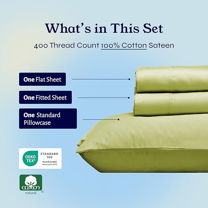 California Design Den Twin Sheets Set Cotton - Soft 400 Thread Count Sateen, Natural 100% Cotton Sheets with Deep Pockets, Cooling and Durable Bedding Set - Celery Green