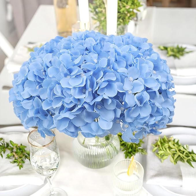 AVIVIHO Blue Hydrangea Artificial Flowers Bulk Pack of 10 Fluffy Fake Hydrangeas Silk Flower with Stems for Home Wedding Party Floral Decor Table Centerpieces Home Spring Festival Decoration
