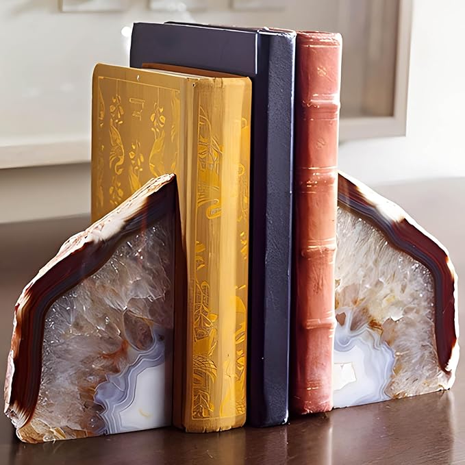 AMOYSTONE Agate Bookends for Shelf Decorative Geode Book Ends for Heavy Books Crystal Bookends for Shelves Nature Brown Small(1 Pair, 2-3 LBS)