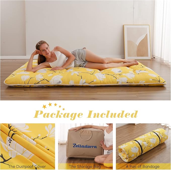 Japanese Floor Mattress, Futon Mattress with Portable Storage Bag and Washable Cover, Roll Up Thick Tatami Mat Suitable for Camping, Guest Room, Yellow Flower, Full