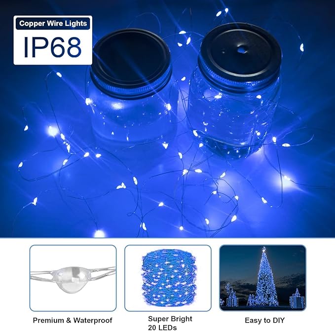 36 Pack Fairy Lights Battery Operated, 3 Speed Modes, Extra 40 Batteries for Replacement, 7Ft 20 LED Mini String Lights, Waterproof Copper Wire, Twinkle Firefly Lights for Christmas Decorations,Blue