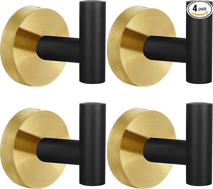 4 Pack Robe Towel Hooks Coat Black Gold Wall Hook Stainless Steel Heavy Duty Door Hanger Towel Robe Clothes Cabinet Closet Sponges Hook for Bathroom Bedroom Kitchen Hotel Pool