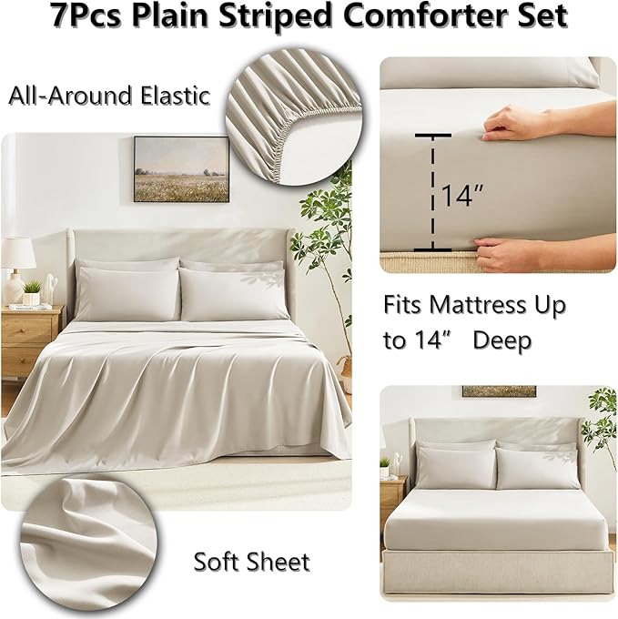CozyLux Oversized Queen Comforter Sets Beige, 7 Pieces Bed in a Bag, Ultra-Soft All Season Bedding Sets with Stitch Quilted Comforter, Flat Sheet, Fitted Sheet, Pillowcases, Beige