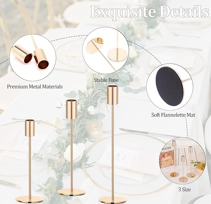 Set of 3 Gold Taper Candle Holders, Metal Gold Candlestick Holders, Tall Candle Holder, Fits 3/4 inch Thick Candle&Led Candles, for Table Centerpiece, Wedding, Dinning, Party Home Decor