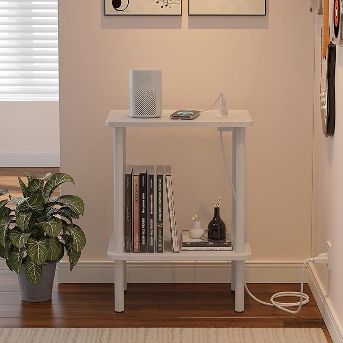 Apicizon 2 Tier End Table Set of 2, Small Side Table with Charging Station, Boho Bedside Table with USB Ports and Outlets, Nightstand for Small Spaces, Bedroom, Living Room, Easy Assembly, White
