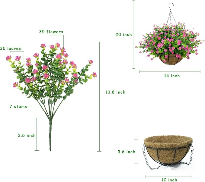 Artificial Hanging Flowers Basket, 12 UV-Resistant Bundles of Realistic Fake Flowers, Faux Plants for Outdoor Decor, Home, Garden, Porch, Patio, Spring & Summer Decorations, Pink
