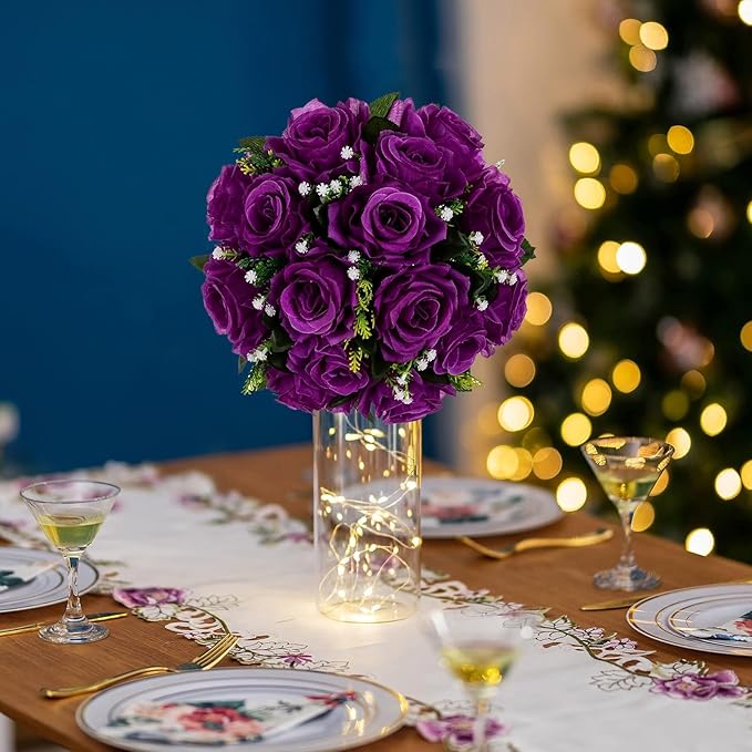 BLOSMON Flower Balls Wedding Rose Centerpieces: 2 Pcs Fake Flowers with Base White Kissing Balls Decor White Artificial Floral Arrangements Flower Bouquet of Roses Home Party Table DIY Decorations