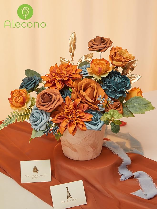 Alecono Artificial Flowers, Orange Fake Flowers for Fall Wedding Bouquets, Wedding Cake Flowers for Table Centerpieces Birthday Party Home Autumn Decor