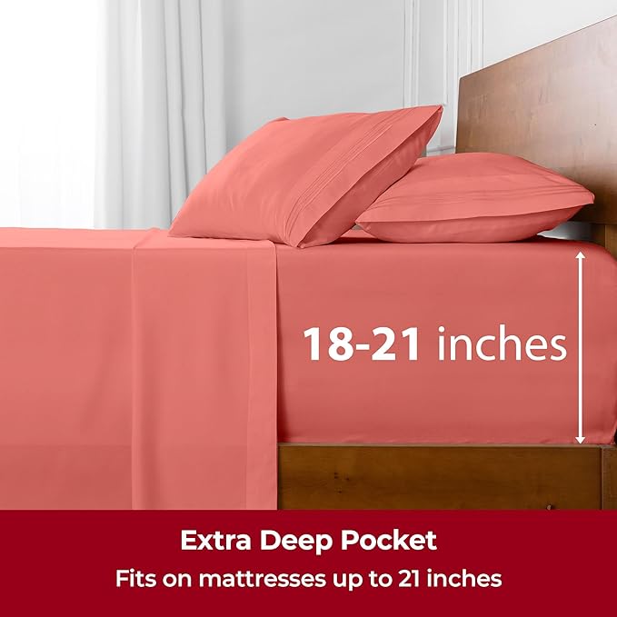 Mellanni Extra Deep King Sheets - 4 PC Iconic Collection Bedding - Hotel Luxury, Ultra Soft, Cooling Bed Sheets - Wrinkle, Fade, Stain Resistant (King, Coral)
