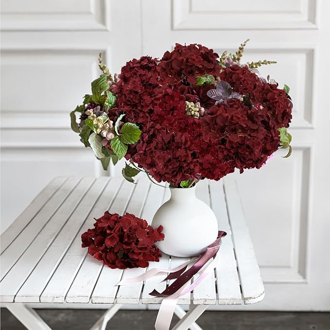 Auihiay 64PCS Burgundy Hydrangea Artificial Flowers, Silk Hydrangea Heads with Stems, Fake Flowers for DIY Wedding Centerpiece, Home, Party, Baby Shower, Garden Decoration (Burgundy)