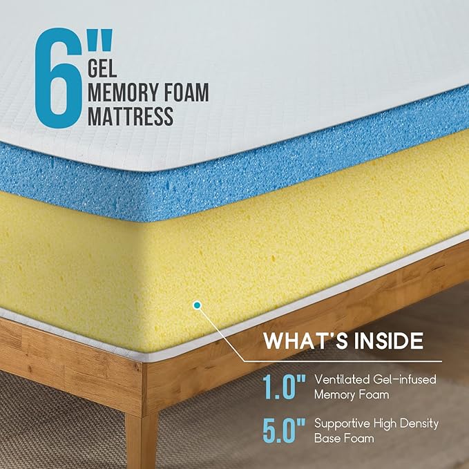 PayLessHere 6 Inch Queen Gel Memory Foam Mattress Fiberglass Free/CertiPUR-US Certified/Bed-in-a-Box/Cool Sleep & Comfy Support