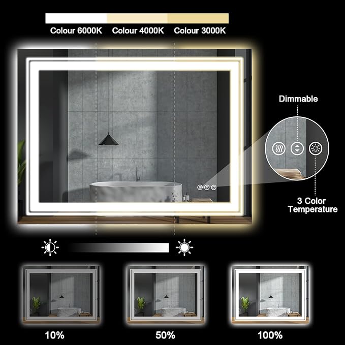 LED Bathroom Mirror, 48"X32" with Front and Backlit, Anti-Fog, Large Bathroom Vanity Mirror for Wall, Memory Function, Stepless Dimmable, Tempered Glass (Horizontal/Vertical)