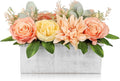 DILATATA Flower Arrangement with Wooden Vase 10" Artificial Flowers in Pot - Fake Flowers in White Rectangular Wooden Vase Potted Faux Flower Centerpieces for Table Decor Living Room - Orange
