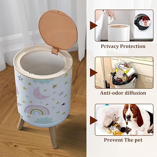 Small Trash Can with Lid Seamless Cute for Kids Children Rainbow Clouds Moon Stars Scandinavian Garbage Bin Pet Proof Waste Basket for Kitchen Bathroom Office Bedroom Decorative 1.8 Gallon